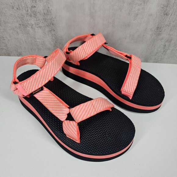 Teva Womens Platform Sandals Pink Coral Black Size 7 Adjustable Straps - Picture 1 of 12